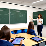 **

A modern classroom scene with a teacher using a digital interactive whiteboard. Students are actively participating, some using tablets. The atmosphere is engaging and enthusiastic. Focus on the transition from traditional chalkboards to a tech-enhanced learning environment. Include elements representing digital learning resources and collaboration.

**