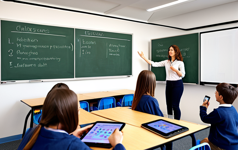 **

A modern classroom scene with a teacher using a digital interactive whiteboard. Students are actively participating, some using tablets. The atmosphere is engaging and enthusiastic. Focus on the transition from traditional chalkboards to a tech-enhanced learning environment. Include elements representing digital learning resources and collaboration.

**