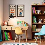 **

A cozy and inviting child's study space. Include a desk, a comfortable chair, an eye-friendly lamp, and a bookshelf. The room is decorated with cartoon characters, inspirational quotes, and green plants. A parent is sitting next to the child, both are reading books, creating a positive and supportive learning environment.

**