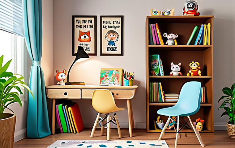 **

A cozy and inviting child's study space. Include a desk, a comfortable chair, an eye-friendly lamp, and a bookshelf. The room is decorated with cartoon characters, inspirational quotes, and green plants. A parent is sitting next to the child, both are reading books, creating a positive and supportive learning environment.

**