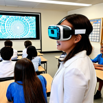 **Prompt 1: Immersive Digital Classroom Transformation**
    A vibrant, modern classroom filled with diverse students actively engaged in a collaborative learning environment. Students are using tablets and VR headsets, some interacting with holographic projections of educational content (e.g., a cell model, historical scene). The teacher is seen walking among them, facilitating discussions rather than lecturing, embodying the role of a guide and resource integrator. The scene emphasizes interaction, personalization, and the breaking of traditional classroom boundaries. The atmosphere is energetic, curious, and joyful, with bright, clean aesthetics.