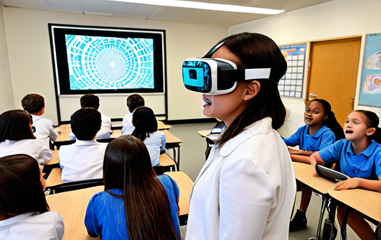 **Prompt 1: Immersive Digital Classroom Transformation**
    A vibrant, modern classroom filled with diverse students actively engaged in a collaborative learning environment. Students are using tablets and VR headsets, some interacting with holographic projections of educational content (e.g., a cell model, historical scene). The teacher is seen walking among them, facilitating discussions rather than lecturing, embodying the role of a guide and resource integrator. The scene emphasizes interaction, personalization, and the breaking of traditional classroom boundaries. The atmosphere is energetic, curious, and joyful, with bright, clean aesthetics.