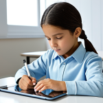 A focused young student, fully clothed in modest, age-appropriate attire, sits comfortably at a clean, modern desk. They are deeply engaged with a tablet, which displays an interactive, AI-driven learning interface with dynamic educational graphics. The background is a bright, calm study room with soft natural light, conveying a sense of quiet concentration and personalized learning. Perfect anatomy, correct proportions, well-formed hands, proper finger count, natural body proportions, natural pose. Professional photography, high quality, safe for work, appropriate content, fully clothed, family-friendly.