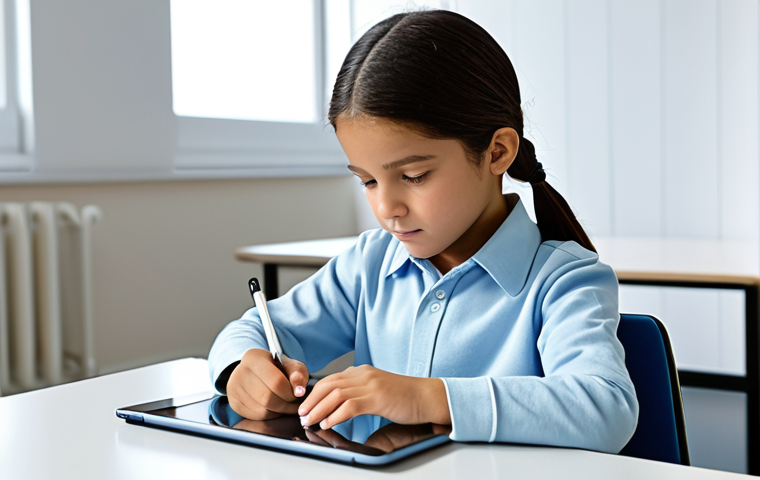 A focused young student, fully clothed in modest, age-appropriate attire, sits comfortably at a clean, modern desk. They are deeply engaged with a tablet, which displays an interactive, AI-driven learning interface with dynamic educational graphics. The background is a bright, calm study room with soft natural light, conveying a sense of quiet concentration and personalized learning. Perfect anatomy, correct proportions, well-formed hands, proper finger count, natural body proportions, natural pose. Professional photography, high quality, safe for work, appropriate content, fully clothed, family-friendly.