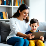 A mother and her 10-year-old child are seated comfortably on a modern sofa in a bright living room, both fully clothed in modest, everyday attire. They are attentively looking at a tablet screen held by the child, with the mother gently pointing at the content. Their expressions are curious and engaged, showing a warm, natural pose of shared learning and connection. The background features tasteful bookshelves and soft ambient light. professional photography, high resolution, soft natural light, vibrant colors, clear focus, perfect anatomy, correct proportions, well-formed hands, proper finger count, natural body proportions, safe for work, appropriate content, fully clothed, family-friendly.