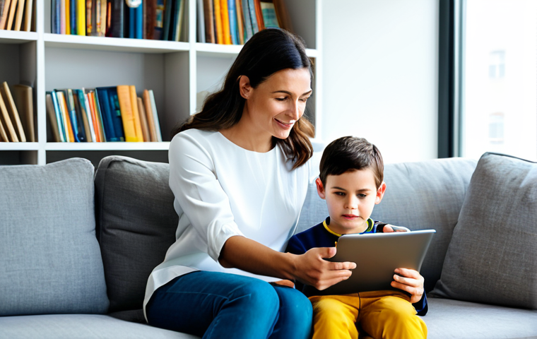 A mother and her 10-year-old child are seated comfortably on a modern sofa in a bright living room, both fully clothed in modest, everyday attire. They are attentively looking at a tablet screen held by the child, with the mother gently pointing at the content. Their expressions are curious and engaged, showing a warm, natural pose of shared learning and connection. The background features tasteful bookshelves and soft ambient light. professional photography, high resolution, soft natural light, vibrant colors, clear focus, perfect anatomy, correct proportions, well-formed hands, proper finger count, natural body proportions, safe for work, appropriate content, fully clothed, family-friendly.