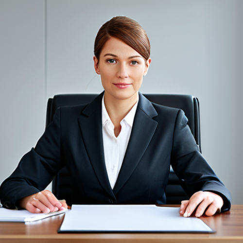 ** A professional businesswoman in a modest business suit, sitting at a desk in a modern office, fully clothed, appropriate attire, safe for work, perfect anatomy, natural proportions, professional photography, high quality.

**