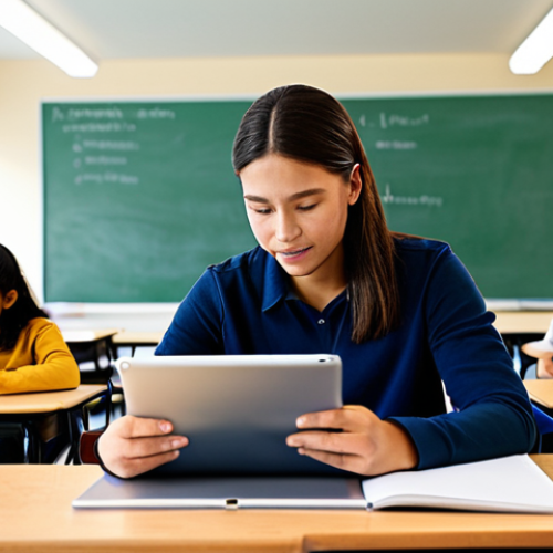 디지털 교육의 학습자 중심 설계 - **Prompt:** A brightly lit, modern classroom with diverse students using tablets. The teacher is ass...