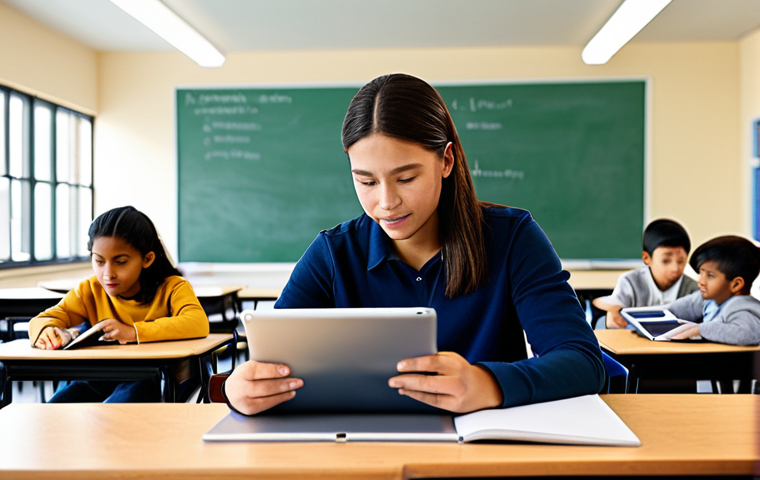 디지털 교육의 학습자 중심 설계 - **Prompt:** A brightly lit, modern classroom with diverse students using tablets. The teacher is ass...