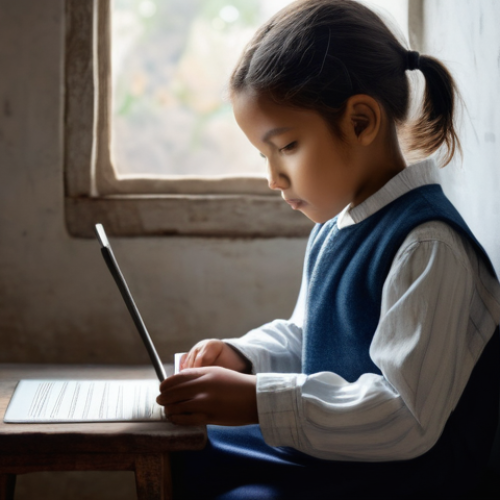 디지털 교육의 장애물 - **Prompt: Digital Divide – The Unseen Wall**
    A powerful, realistic image depicting a young child...