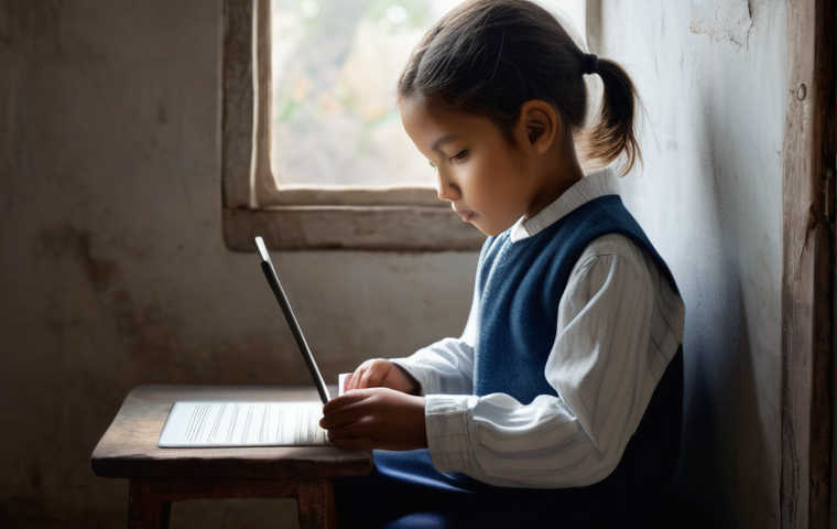 디지털 교육의 장애물 - **Prompt: Digital Divide – The Unseen Wall**
    A powerful, realistic image depicting a young child...