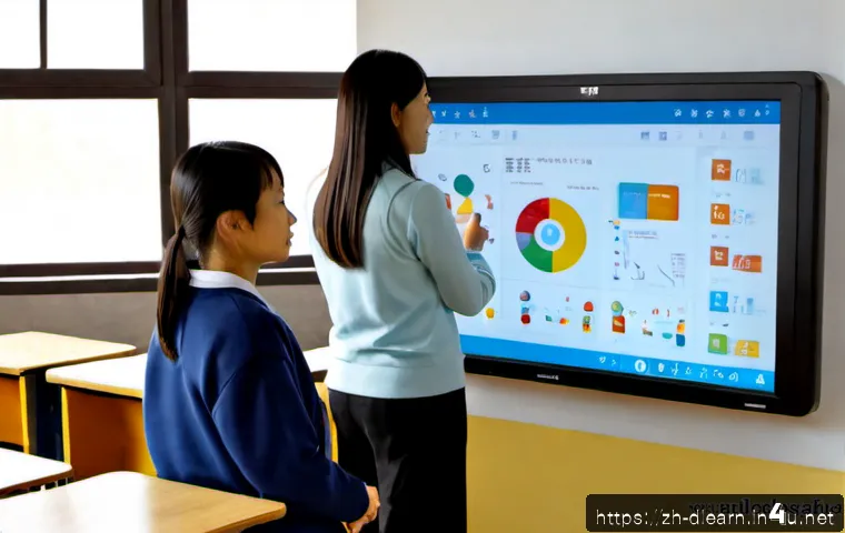 디지털 교수법 - Photorealistic modern classroom showing a teacher guiding a small group of diverse adult students ar...