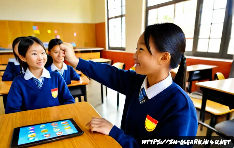 디지털 학습의 게임화 - Photorealistic modern classroom, diverse middle school students using tablets for a collaborative le...