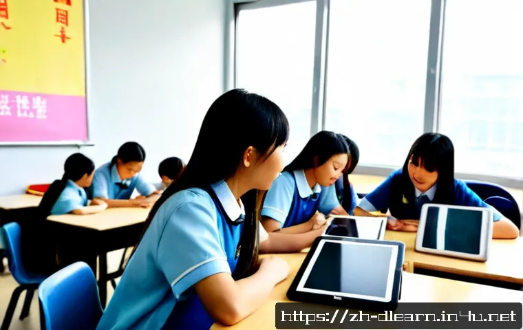 디지털 교육의 성공적인 사례 - Photorealistic modern classroom in China, diverse middle school students wearing casual uniforms col...